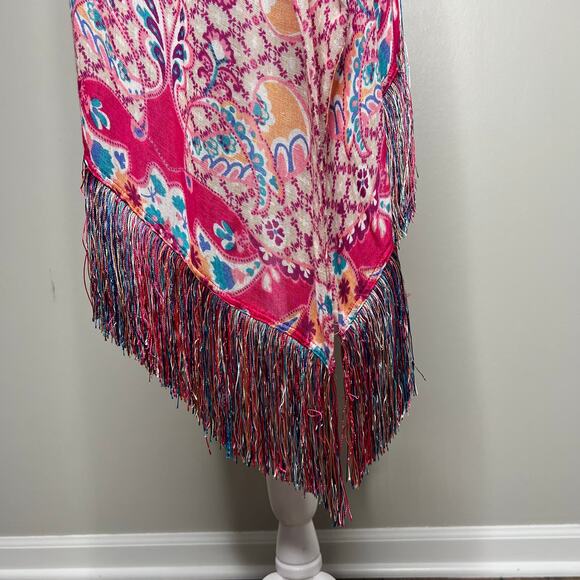 Chico's Colorful Pink Kimono Cover-Up Linen Blend Boho Fringe Beach Resort L/XL - Picture 9 of 11
